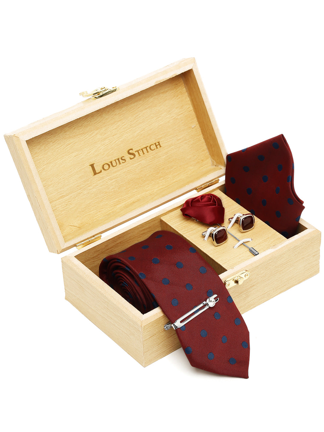 Polka Red Luxury Italian Silk Necktie Set With Pocket Square Cufflinks Brooch Chrome Tie pin