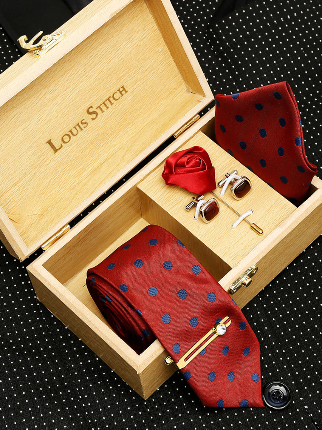Polka Red Luxury Italian Silk Necktie Set With Pocket Square Cufflinks Brooch Gold Tie pin