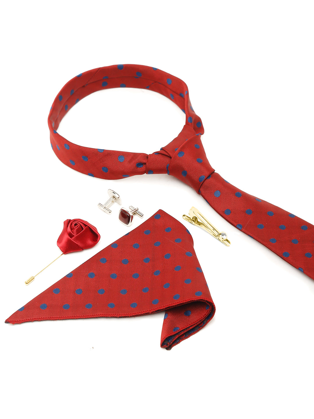 Polka Red Luxury Italian Silk Necktie Set With Pocket Square Cufflinks Brooch Gold Tie pin