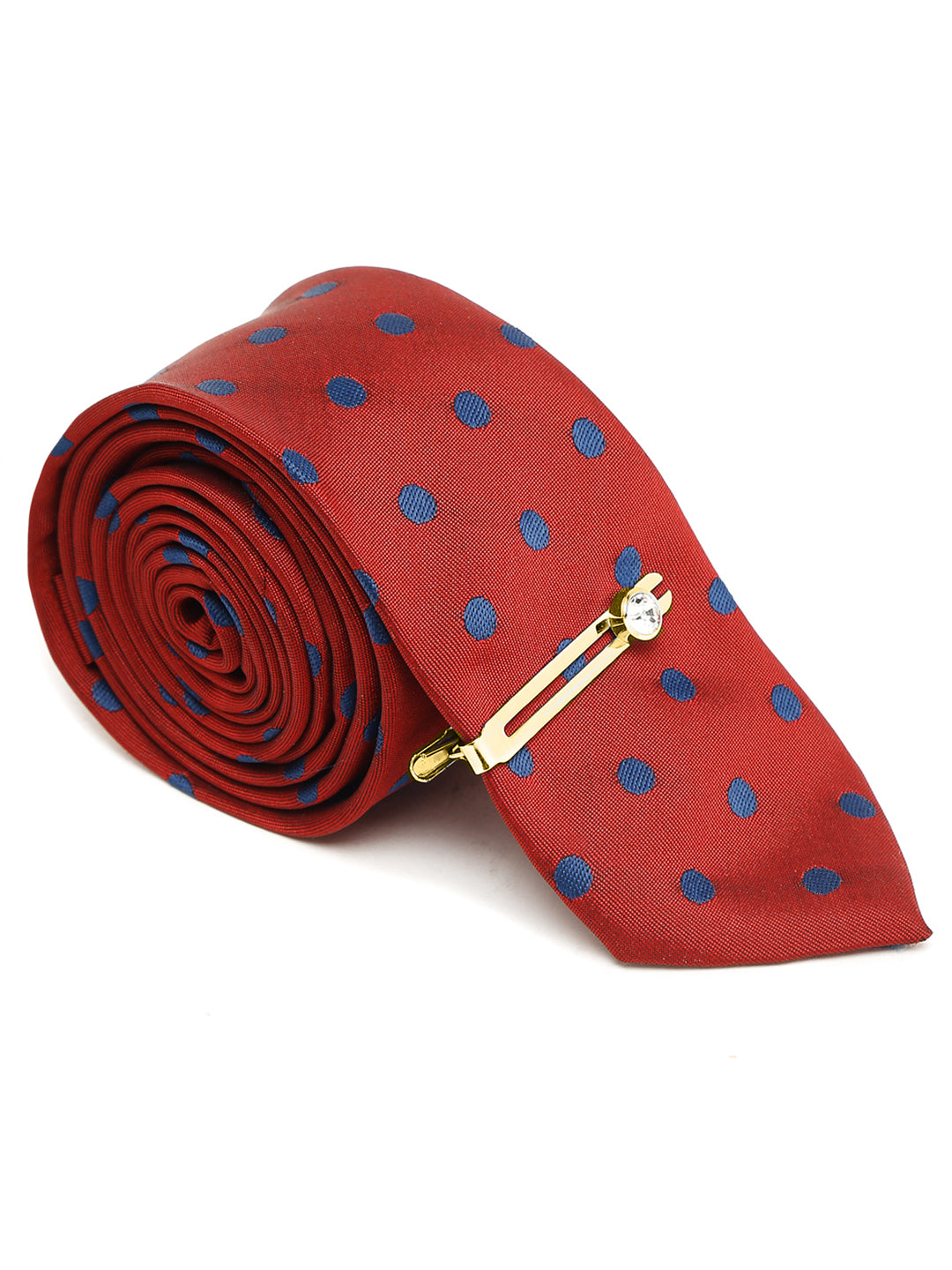Polka Red Luxury Italian Silk Necktie Set With Pocket Square Cufflinks Brooch Gold Tie pin
