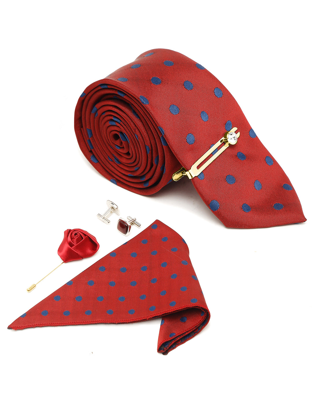Polka Red Luxury Italian Silk Necktie Set With Pocket Square Cufflinks Brooch Gold Tie pin