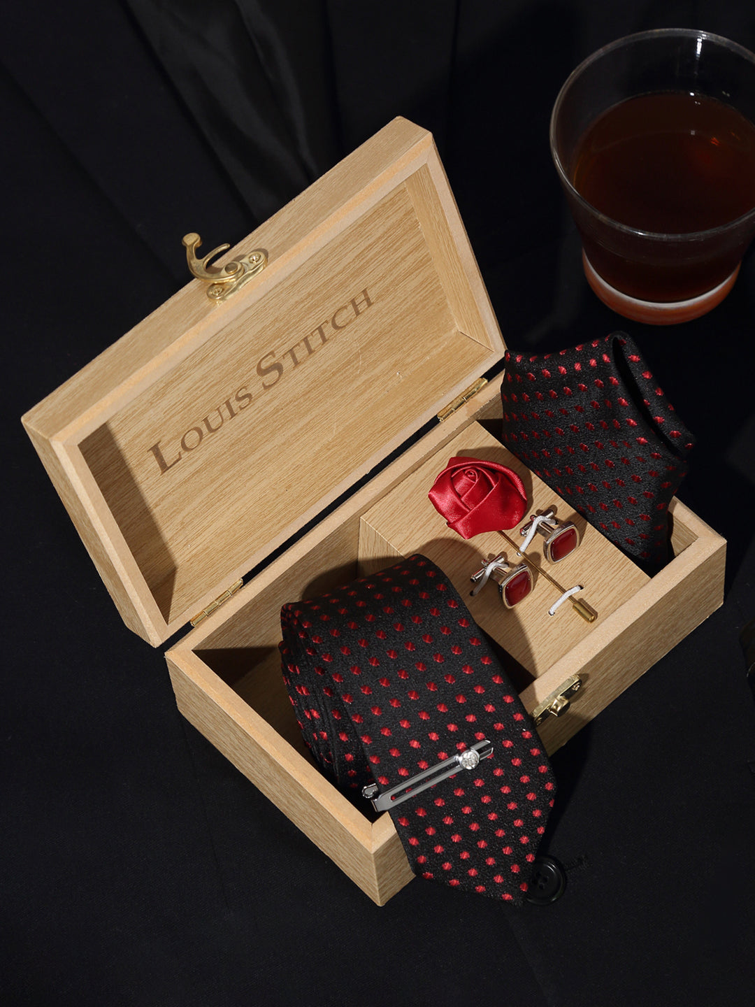 Polka Dotted Red Luxury Italian Silk Necktie Set With Pocket Square Cufflinks Brooch Chrome Tie pin