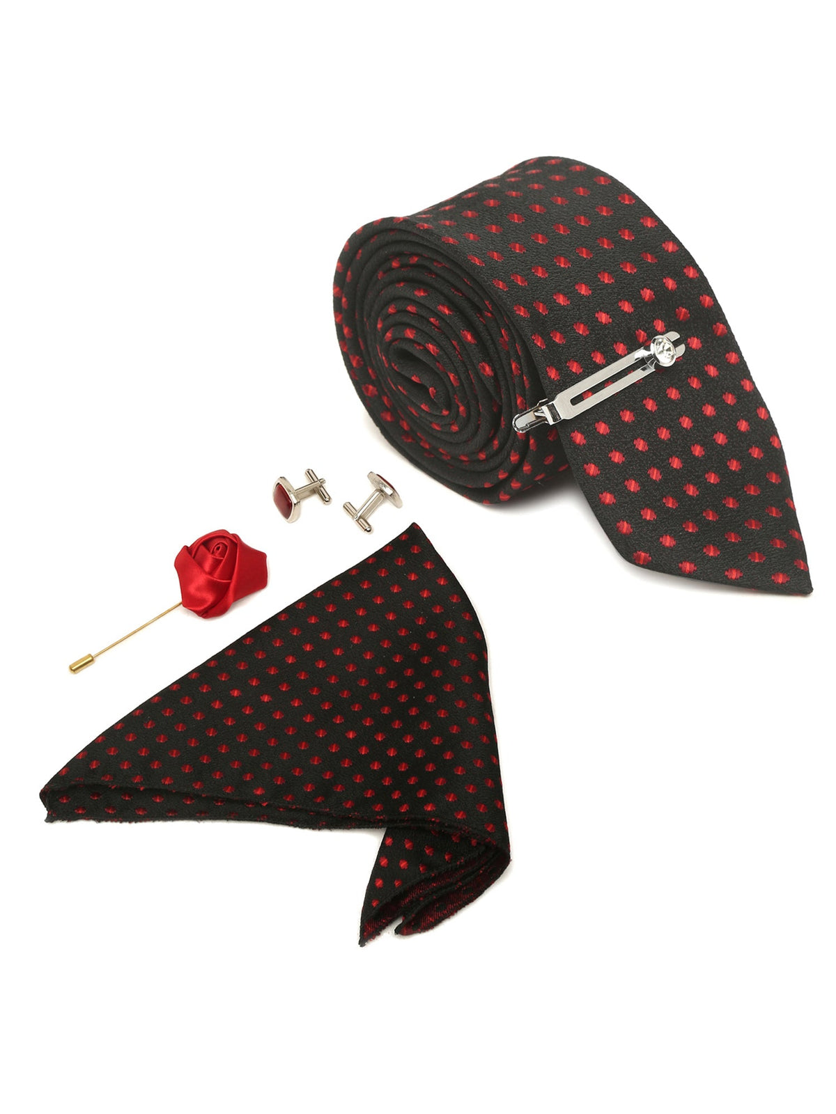 Polka Dotted Red Luxury Italian Silk Necktie Set With Pocket Square Cufflinks Brooch Chrome Tie pin