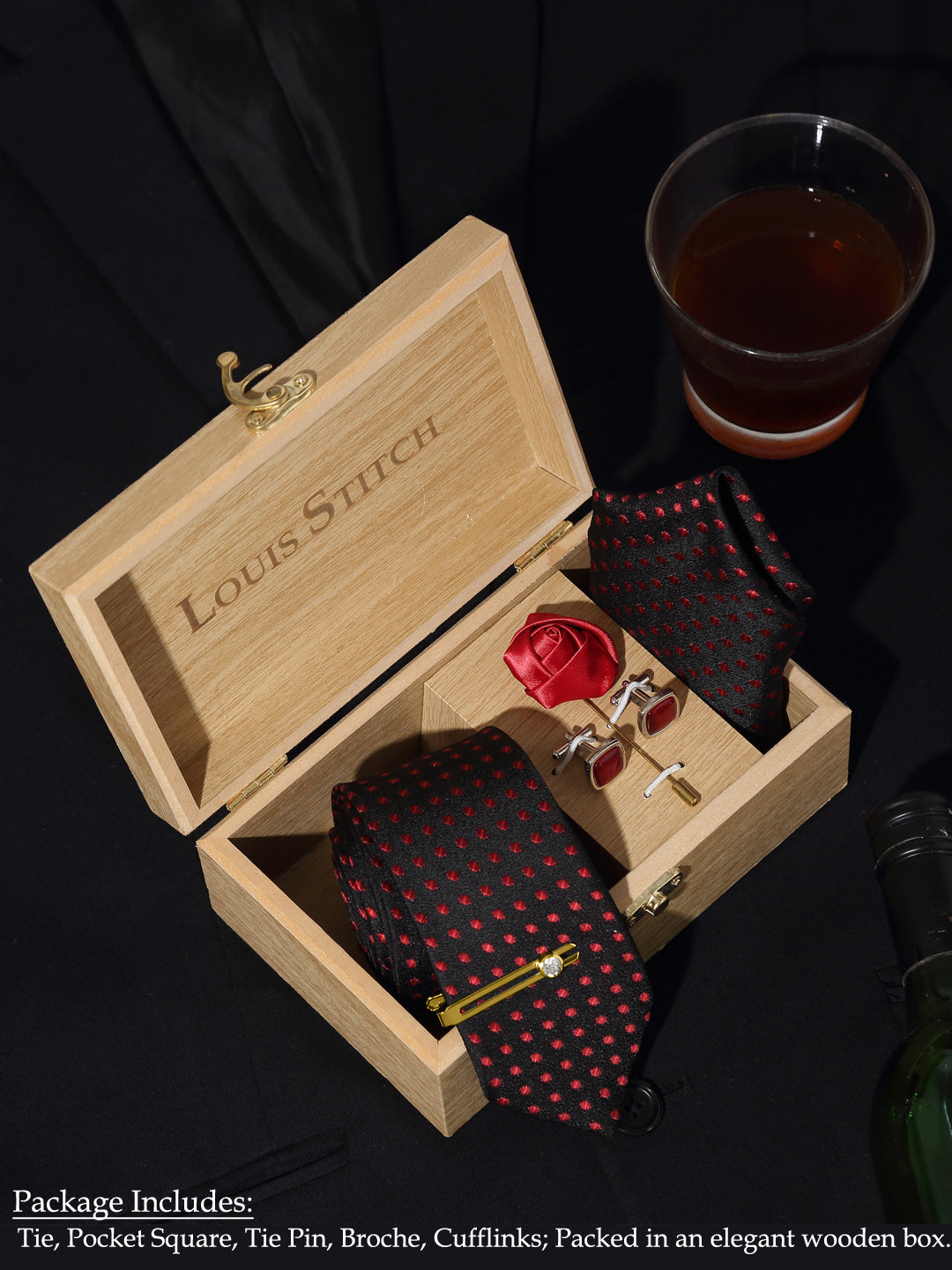 Polka Dotted Red Luxury Italian Silk Necktie Set With Pocket Square Cufflinks Brooch Gold Tie pin