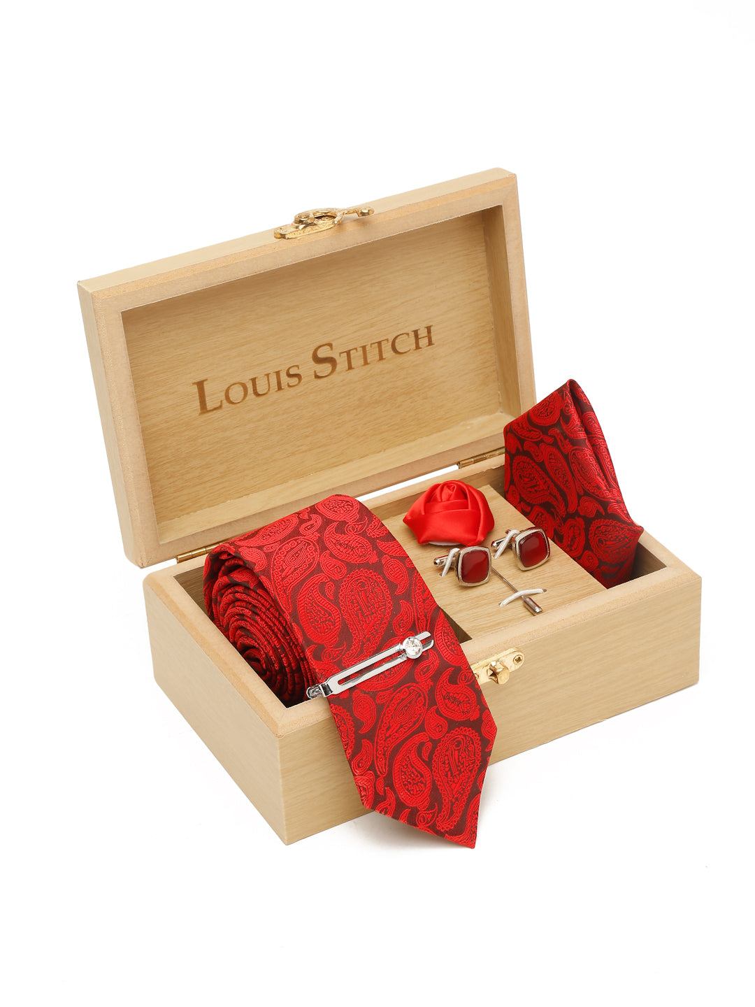 Floral Red Luxury Italian Silk Necktie Set With Pocket Square Cufflinks Brooch Chrome Tie pin