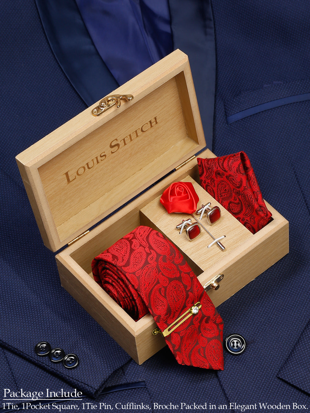 Floral Red Luxury Italian Silk Necktie Set With Pocket Square Cufflinks Brooch Gold Tie pin
