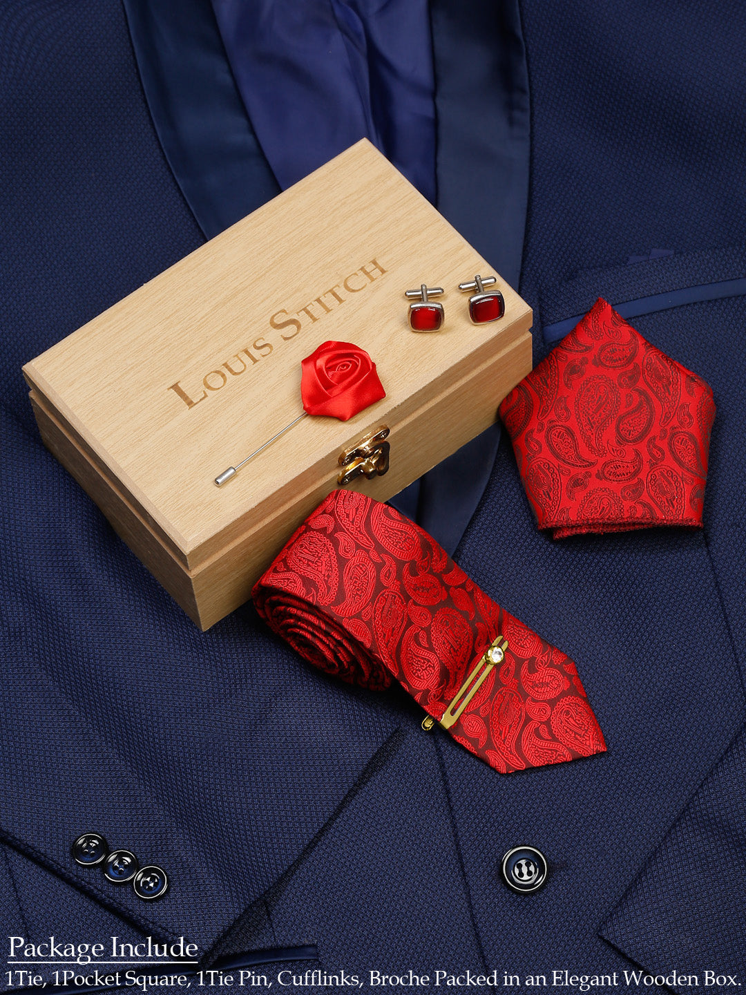 Floral Red Luxury Italian Silk Necktie Set With Pocket Square Cufflinks Brooch Gold Tie pin
