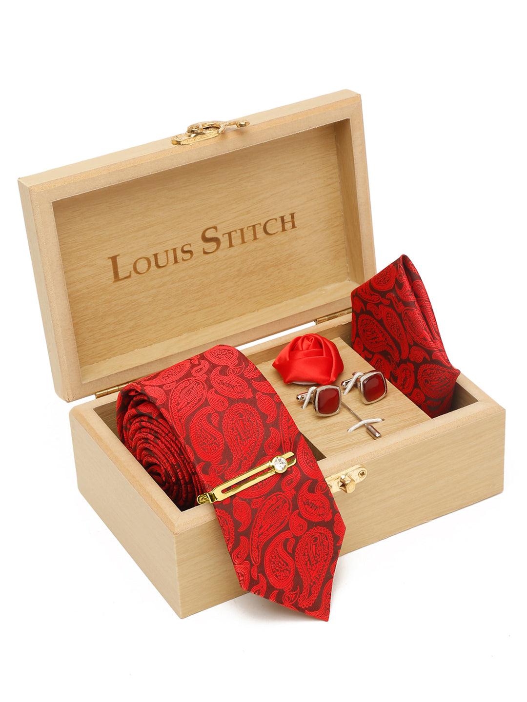 Floral Red Luxury Italian Silk Necktie Set With Pocket Square Cufflinks Brooch Gold Tie pin