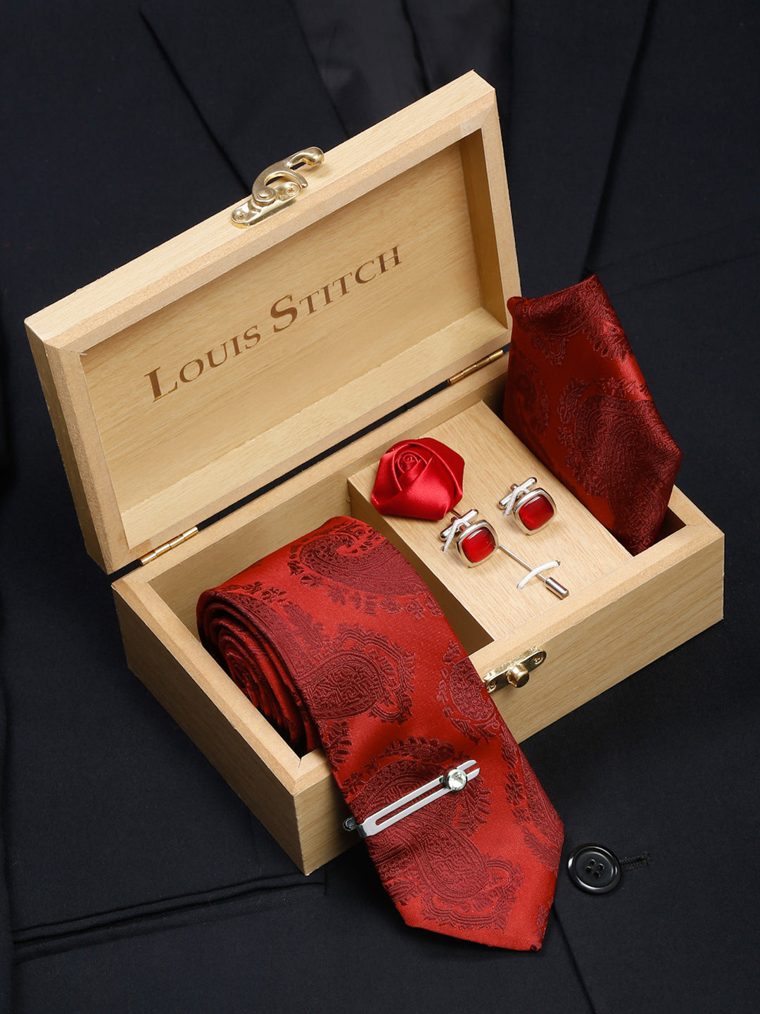 Scarlet Red Luxury Italian Silk Necktie Set With Pocket Square Cufflinks Brooch Chrome Tie pin