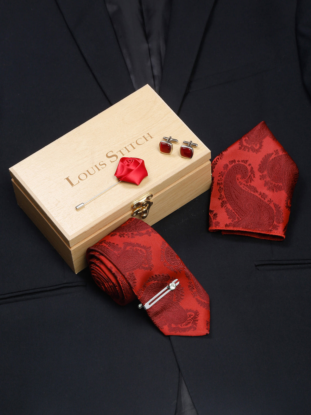 Scarlet Red Luxury Italian Silk Necktie Set With Pocket Square Cufflinks Brooch Chrome Tie pin