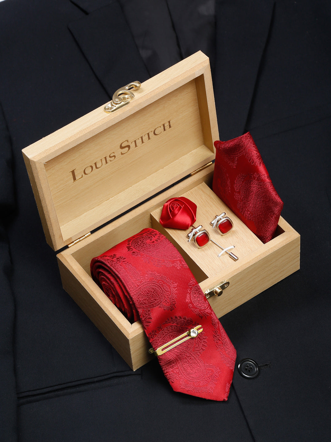 Scarlet Red Luxury Italian Silk Necktie Set With Pocket Square Cufflinks Brooch Gold Tie pin