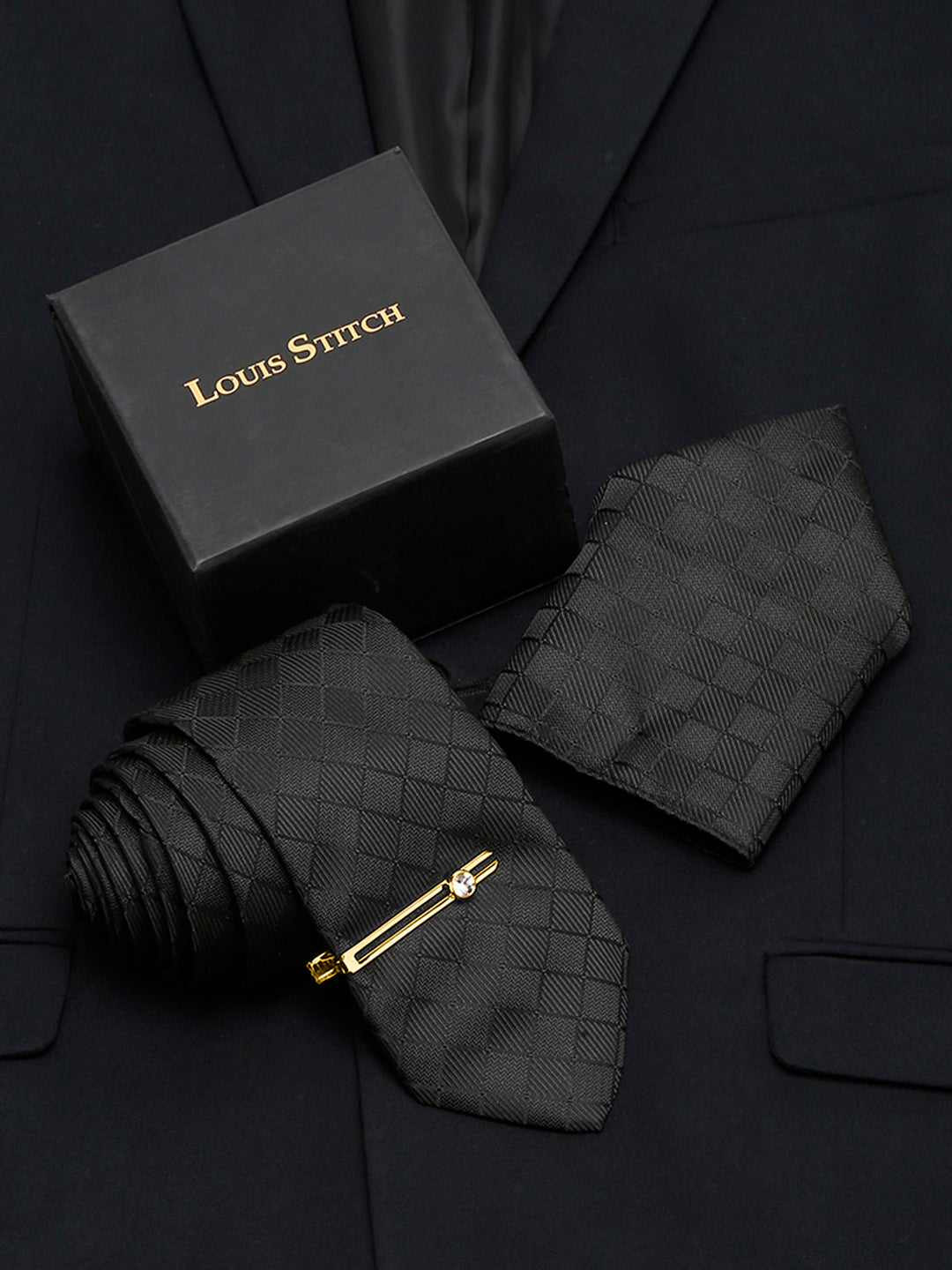 Sable Black Italian Silk Necktie Set Pocket Square Golden Tiepin