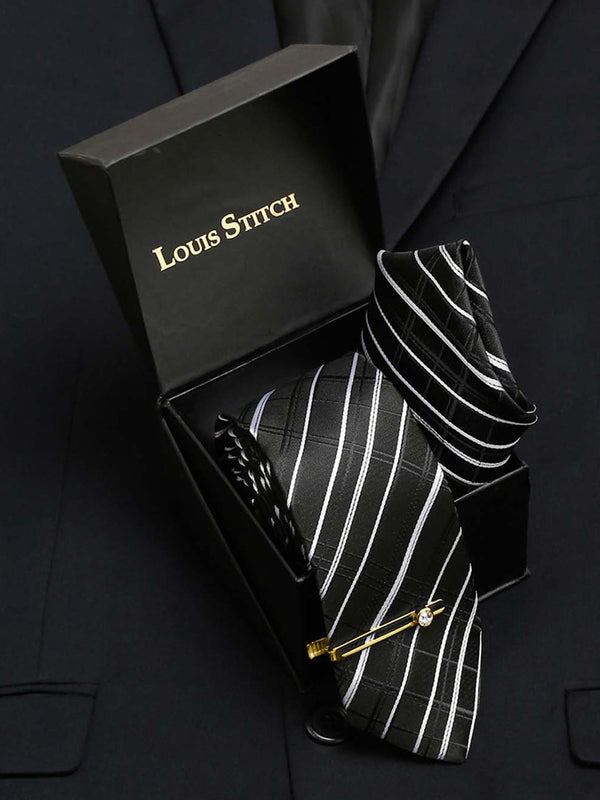  Checkered Black and White Italian Silk Necktie Set Pocket Square Golden Tiepin