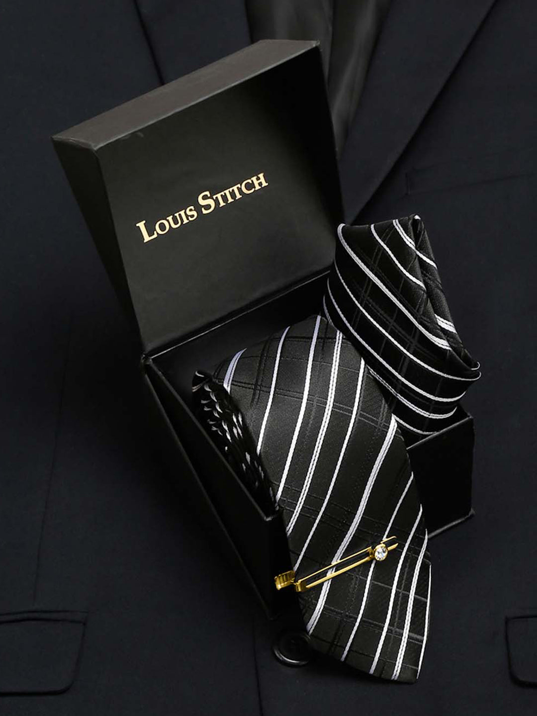 Checkered Black and White Italian Silk Necktie Set Pocket Square Golden Tiepin