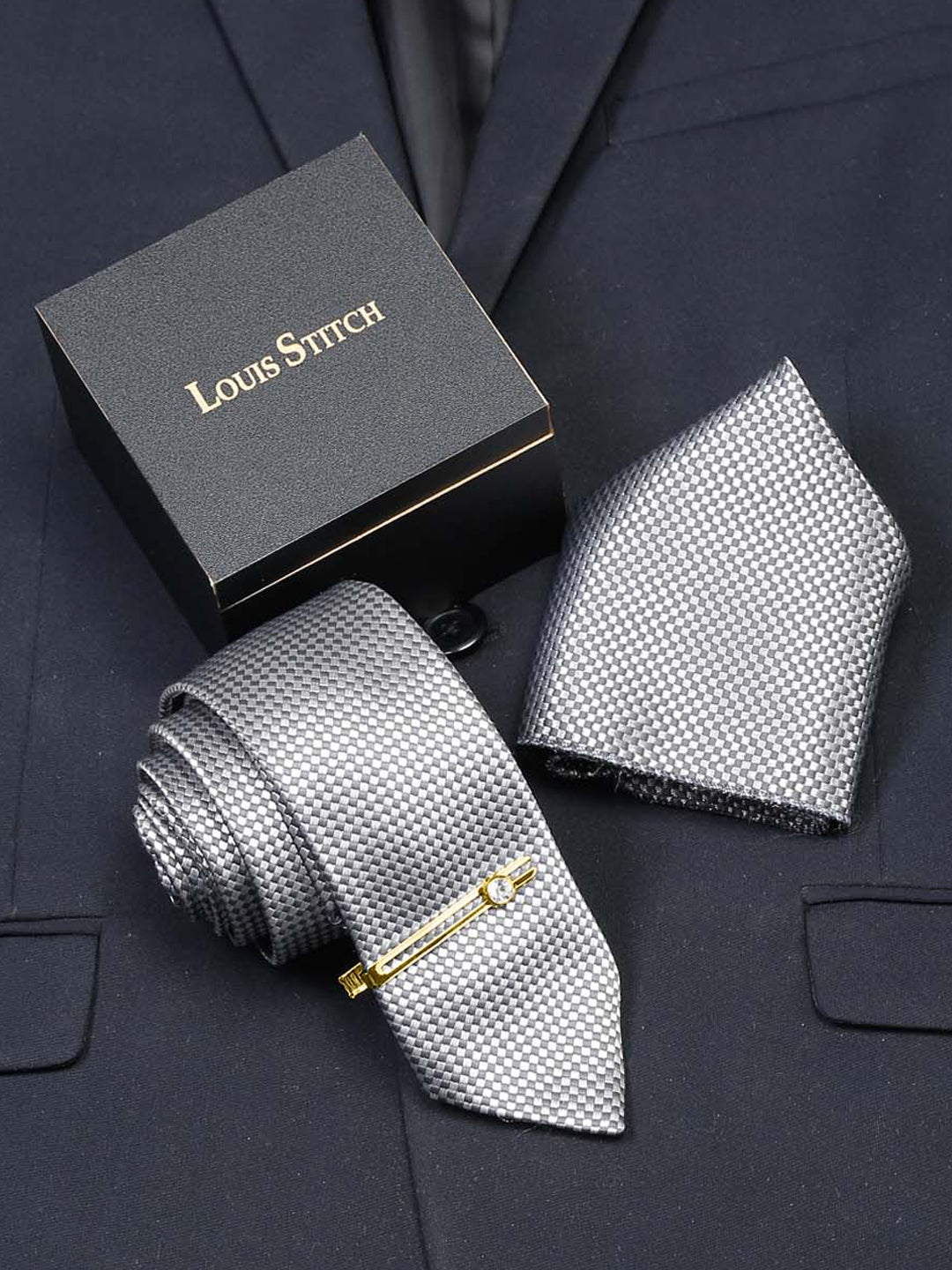 Checkered Black Luxury Italian Silk Necktie Set With Pocket Square Gold Tie pin