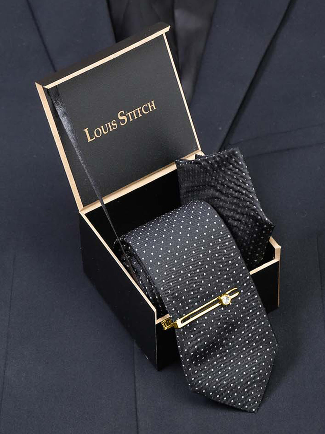 Polka Black Luxury Italian Silk Necktie Set With Pocket Square Gold Tie pin