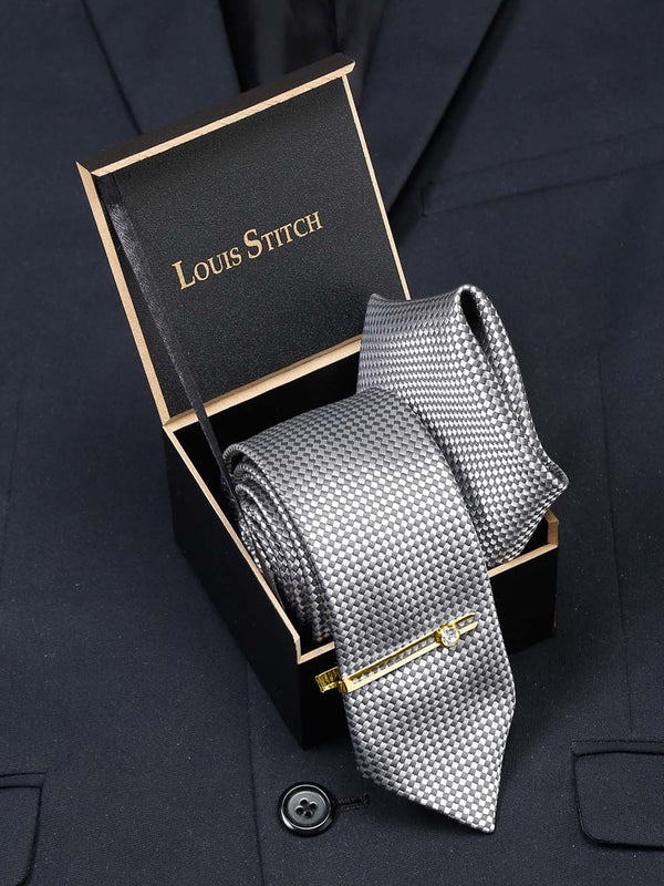  Ash Grey Luxury Italian Silk Necktie Set With Pocket Square Gold Tie pin