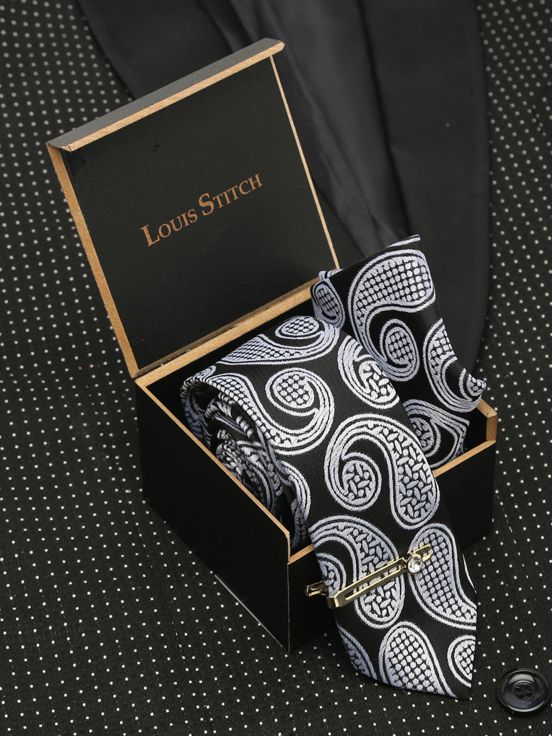 Midnight Black Luxury Italian Silk Necktie Set With Pocket Square Gold Tie pin