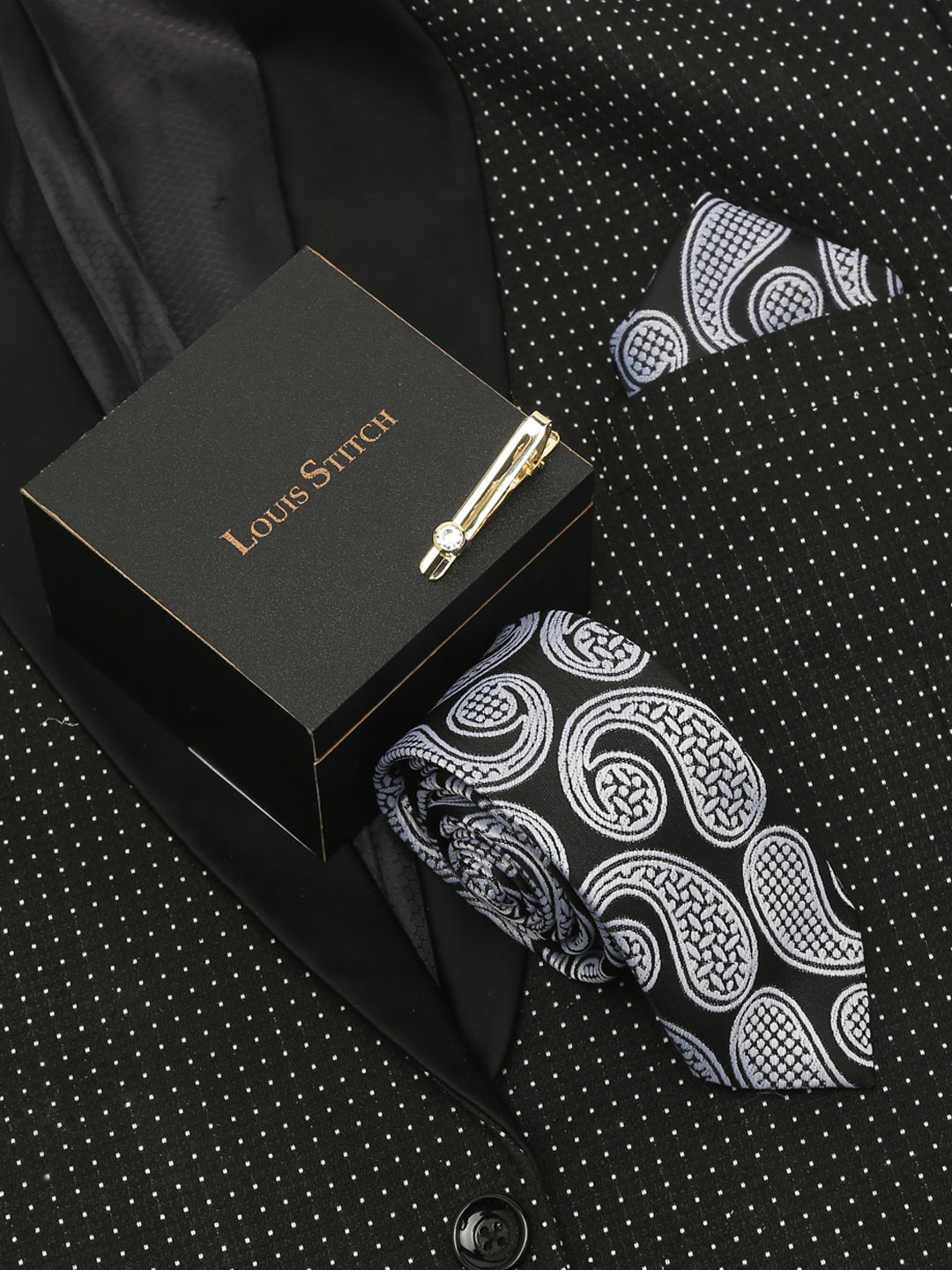 Midnight Black Luxury Italian Silk Necktie Set With Pocket Square Gold Tie pin