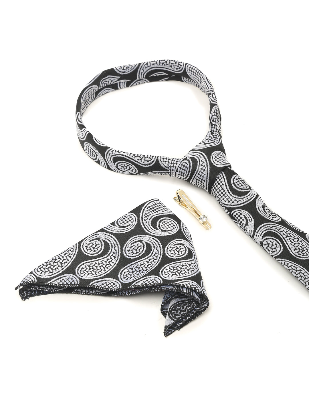 Midnight Black Luxury Italian Silk Necktie Set With Pocket Square Gold Tie pin