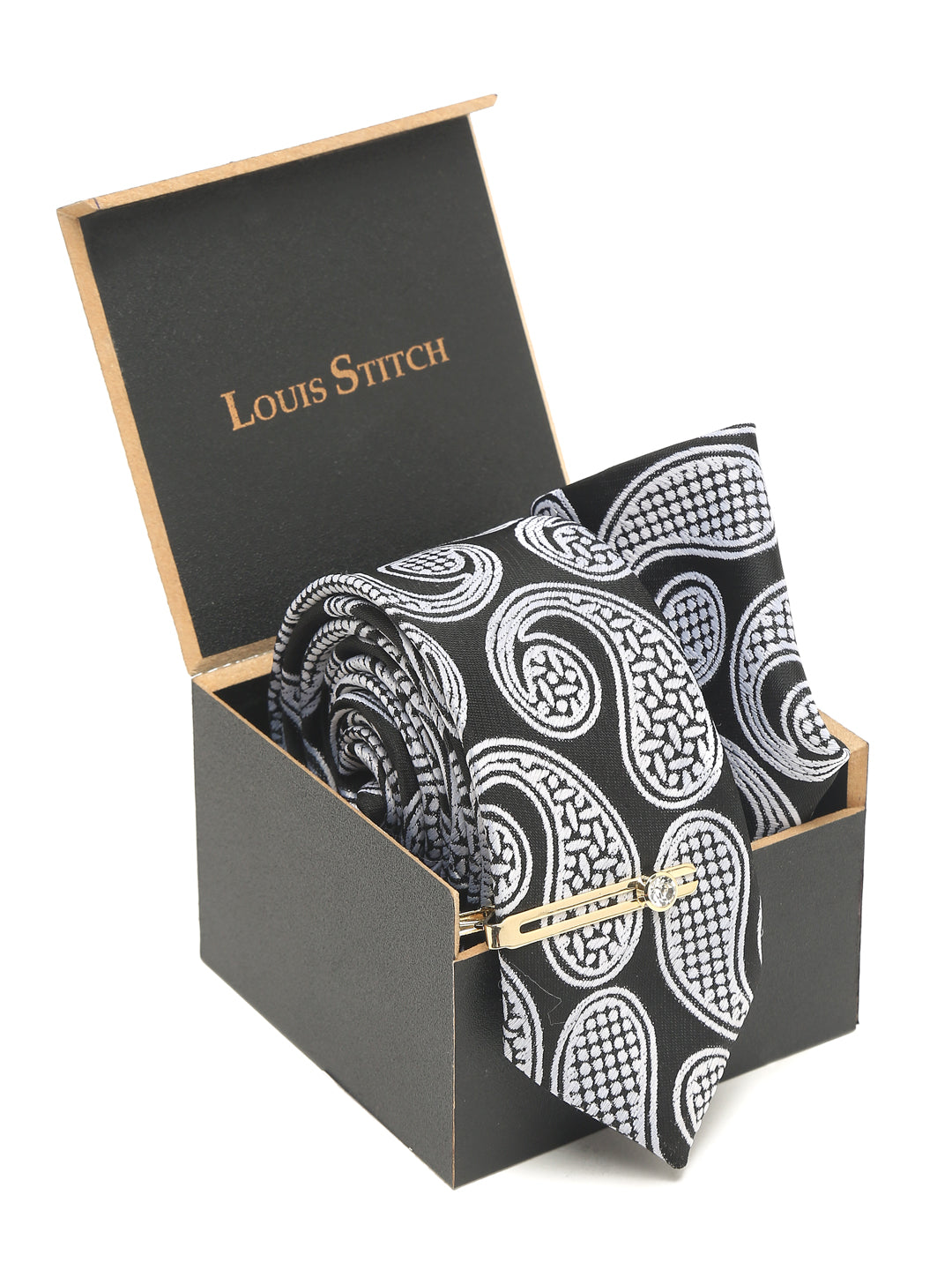 Midnight Black Luxury Italian Silk Necktie Set With Pocket Square Gold Tie pin