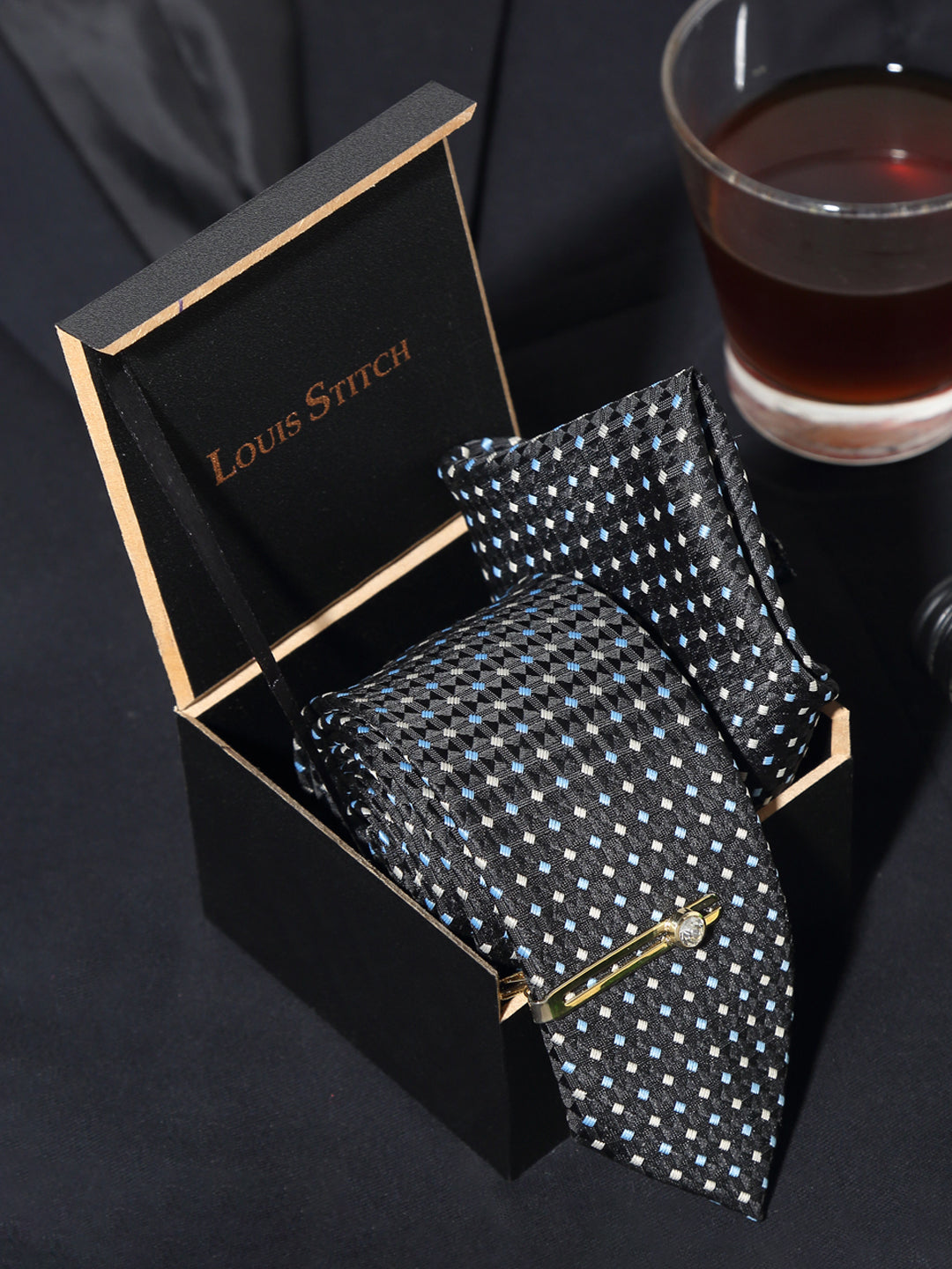 Polkia Dotted Black Luxury Italian Silk Necktie Set With Pocket Square Gold Tie pin