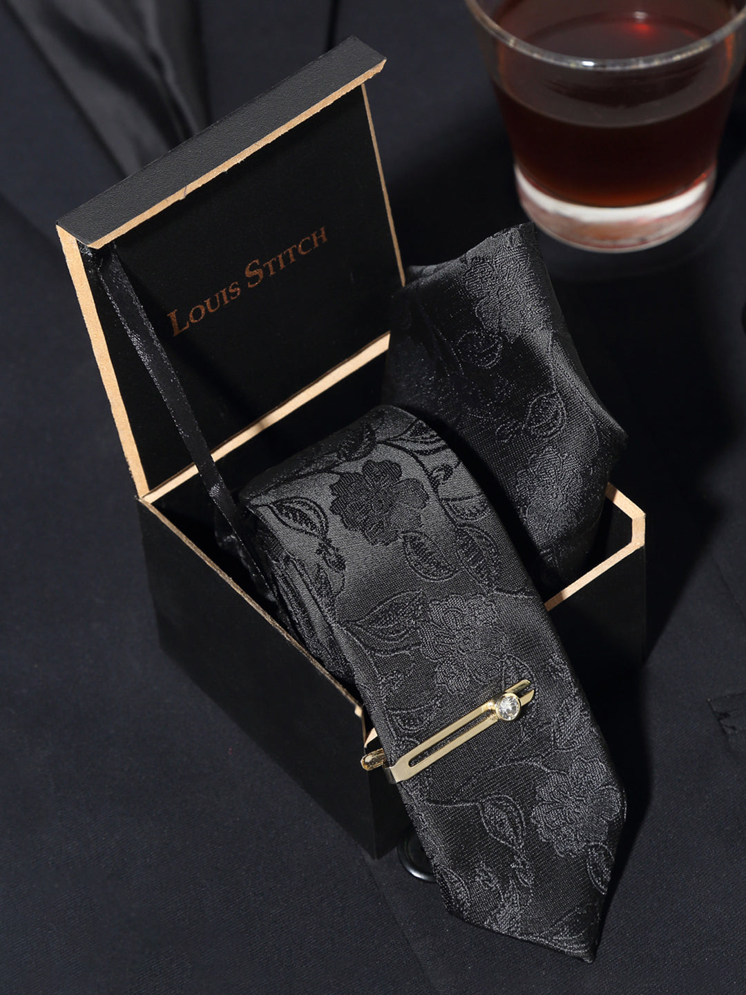 Floral Black Luxury Italian Silk Necktie Set With Pocket Square Gold Tie pin