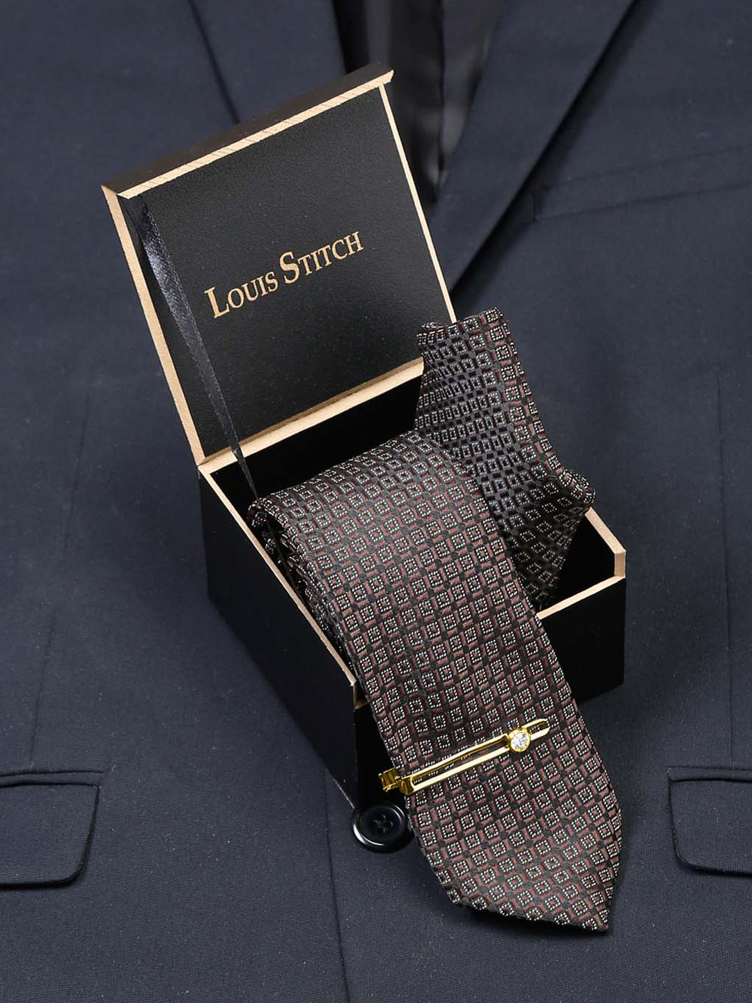 Chocolate Brown Luxury Italian Silk Necktie Set With Pocket Square Gold Tie pin