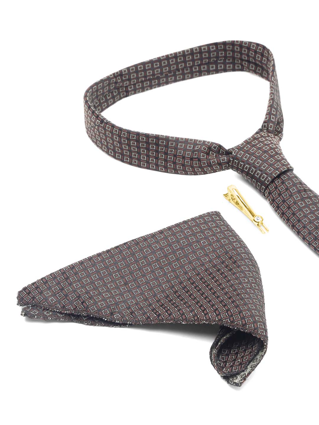 Chocolate Brown Luxury Italian Silk Necktie Set With Pocket Square Gold Tie pin
