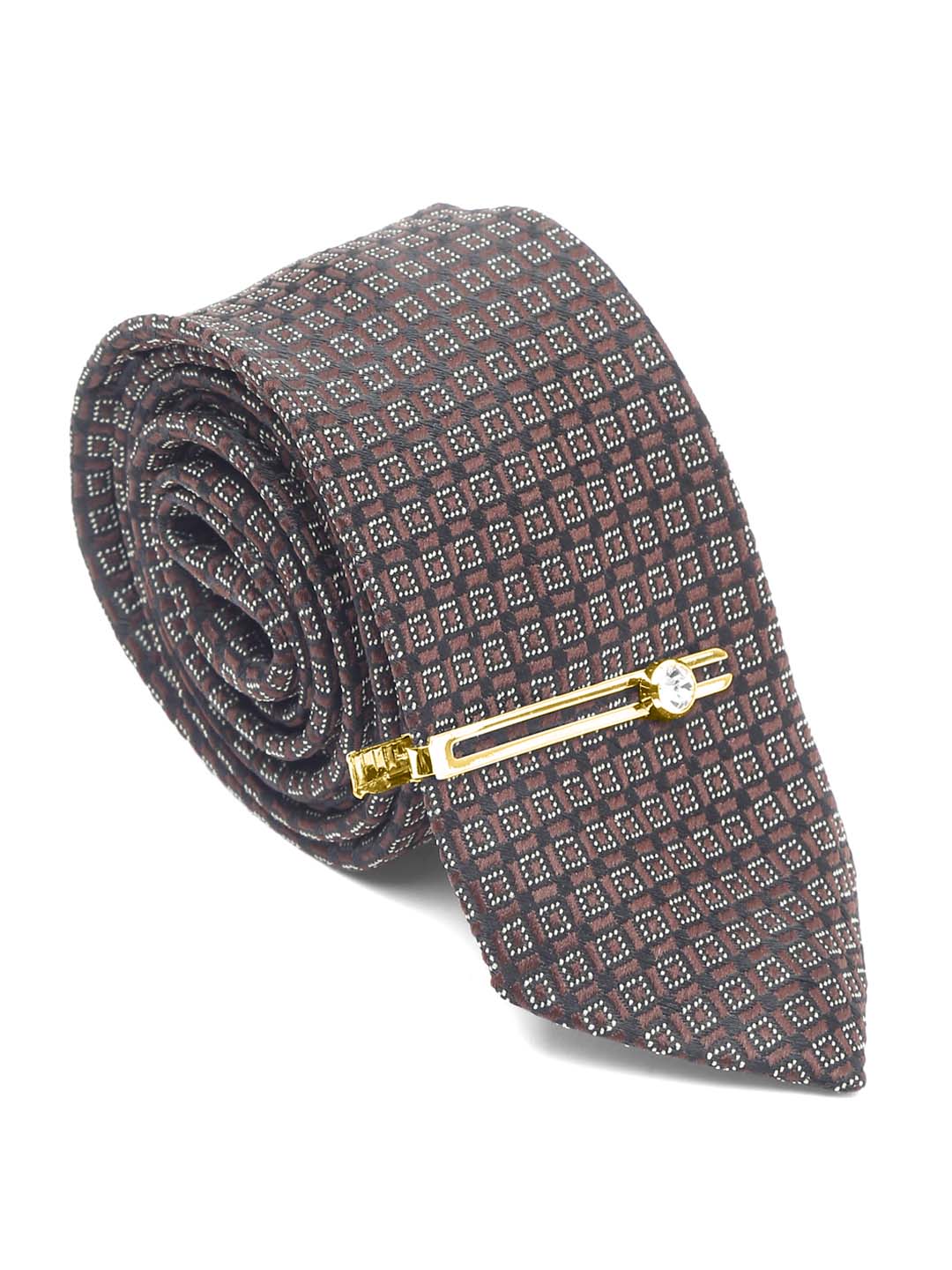 Chocolate Brown Luxury Italian Silk Necktie Set With Pocket Square Gold Tie pin