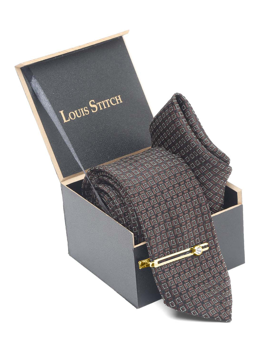 Chocolate Brown Luxury Italian Silk Necktie Set With Pocket Square Gold Tie pin