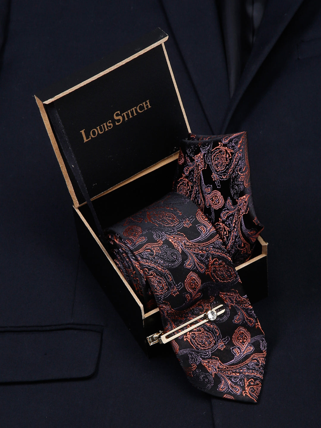 Flowral Brown Luxury Italian Silk Necktie Set With Pocket Square Gold Tie pin
