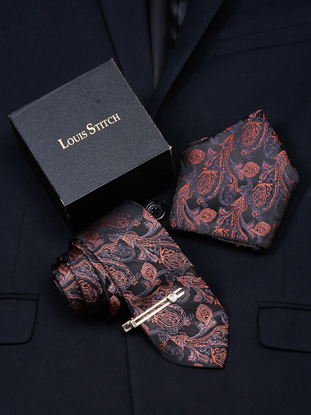 Flowral Brown Luxury Italian Silk Necktie Set With Pocket Square Gold Tie pin