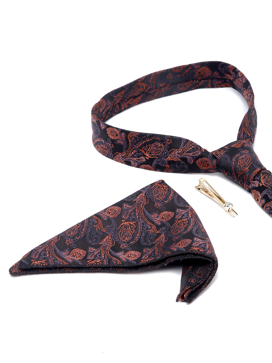 Flowral Brown Luxury Italian Silk Necktie Set With Pocket Square Gold Tie pin
