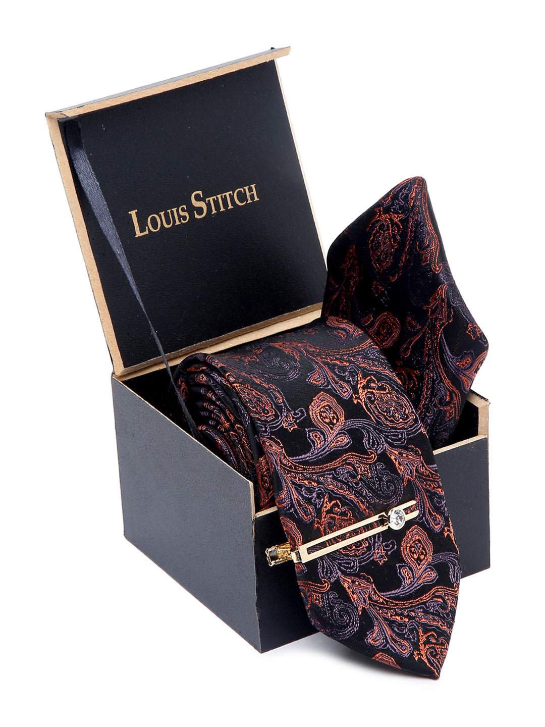 Flowral Brown Luxury Italian Silk Necktie Set With Pocket Square Gold Tie pin