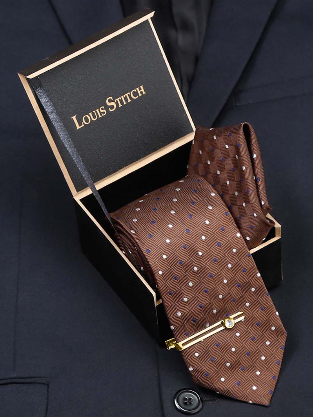 Brown polka Luxury Italian Silk Necktie Set With Pocket Square Gold Tie pin