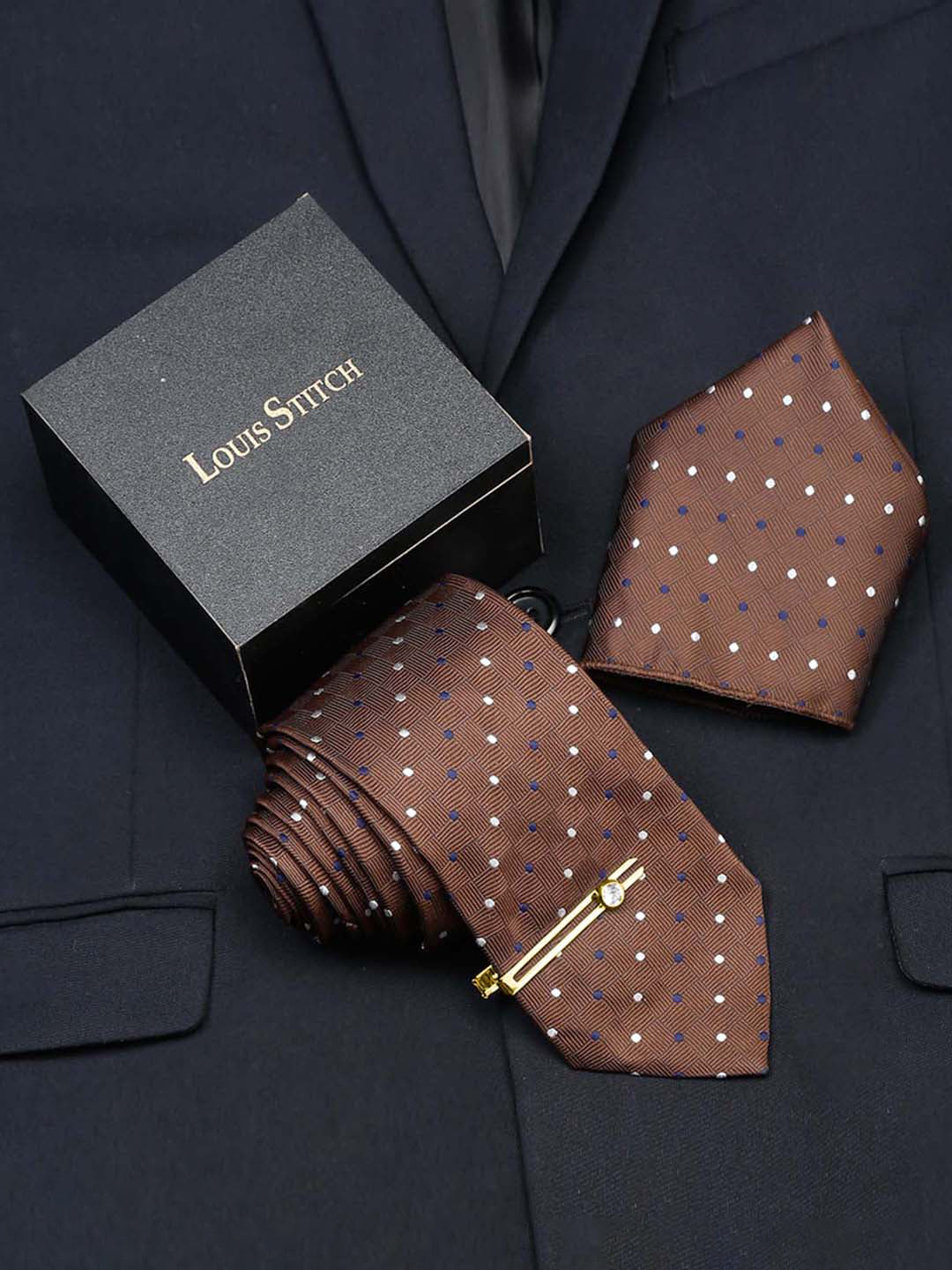 Brown polka Luxury Italian Silk Necktie Set With Pocket Square Gold Tie pin