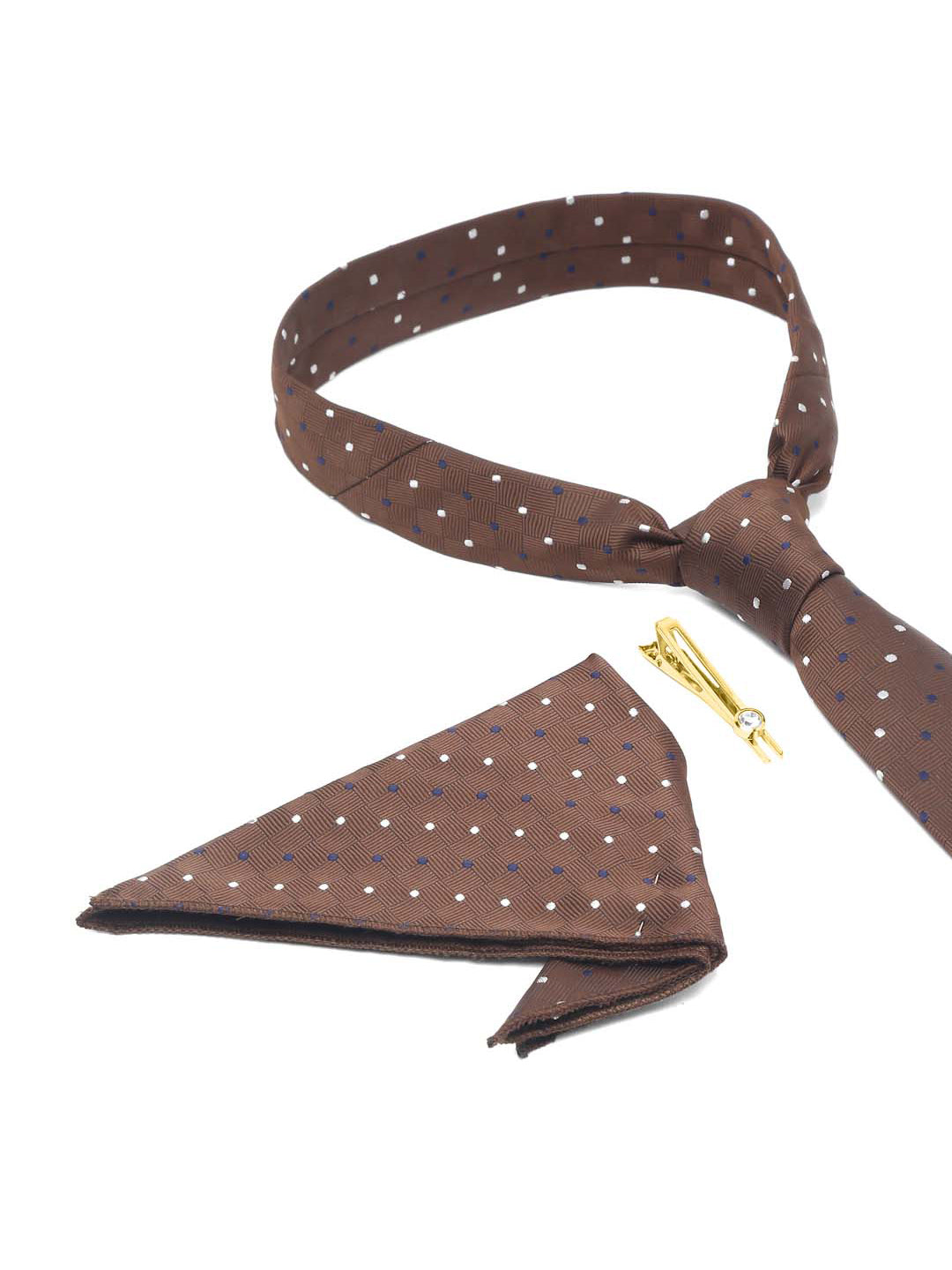 Brown polka Luxury Italian Silk Necktie Set With Pocket Square Gold Tie pin