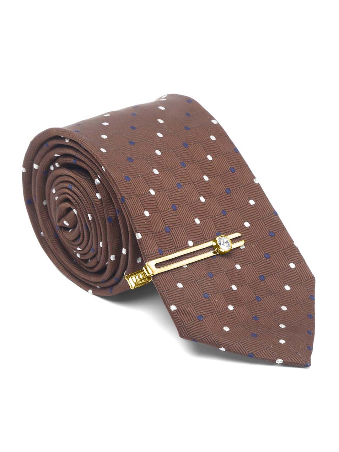 Brown polka Luxury Italian Silk Necktie Set With Pocket Square Gold Tie pin