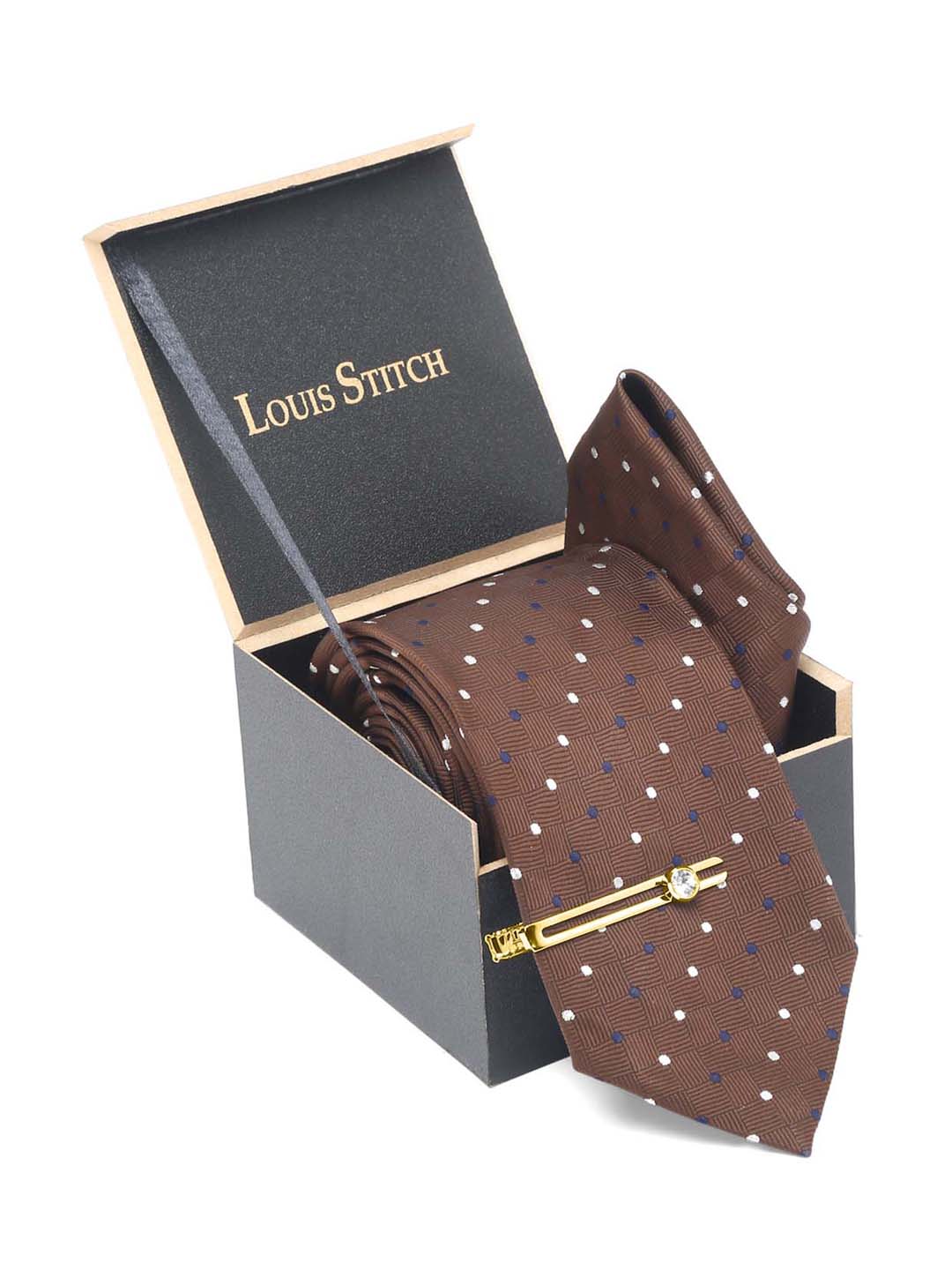 Brown polka Luxury Italian Silk Necktie Set With Pocket Square Gold Tie pin