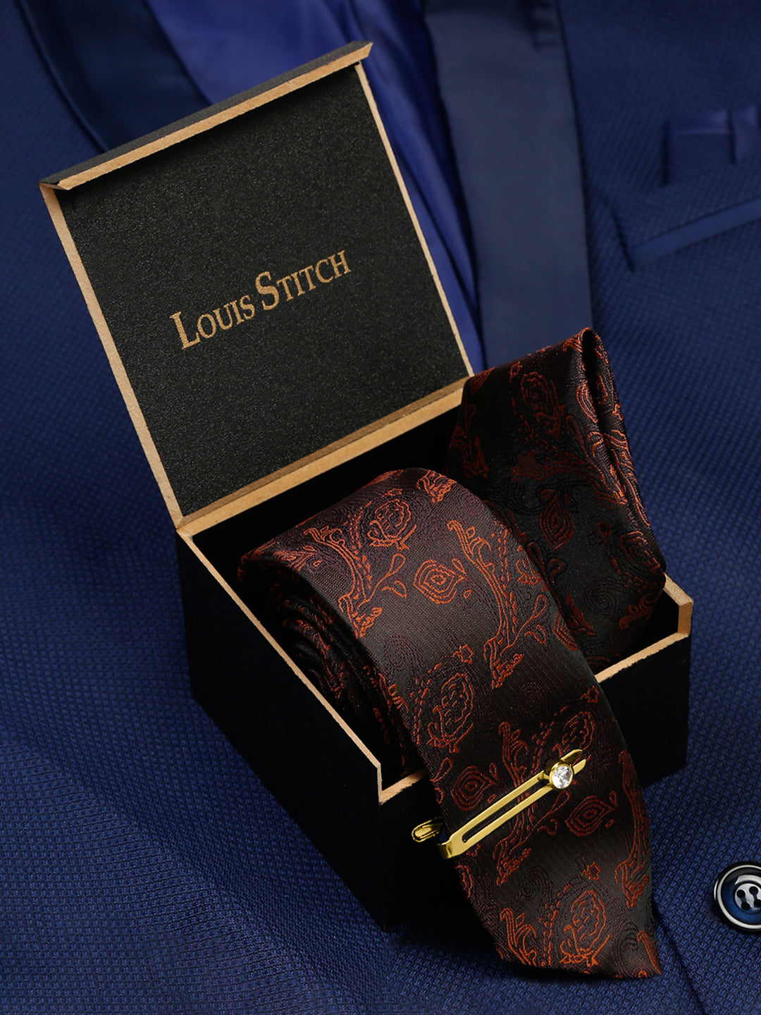 Coffee Brown Luxury Italian Silk Necktie Set With Pocket Square Gold Tie pin