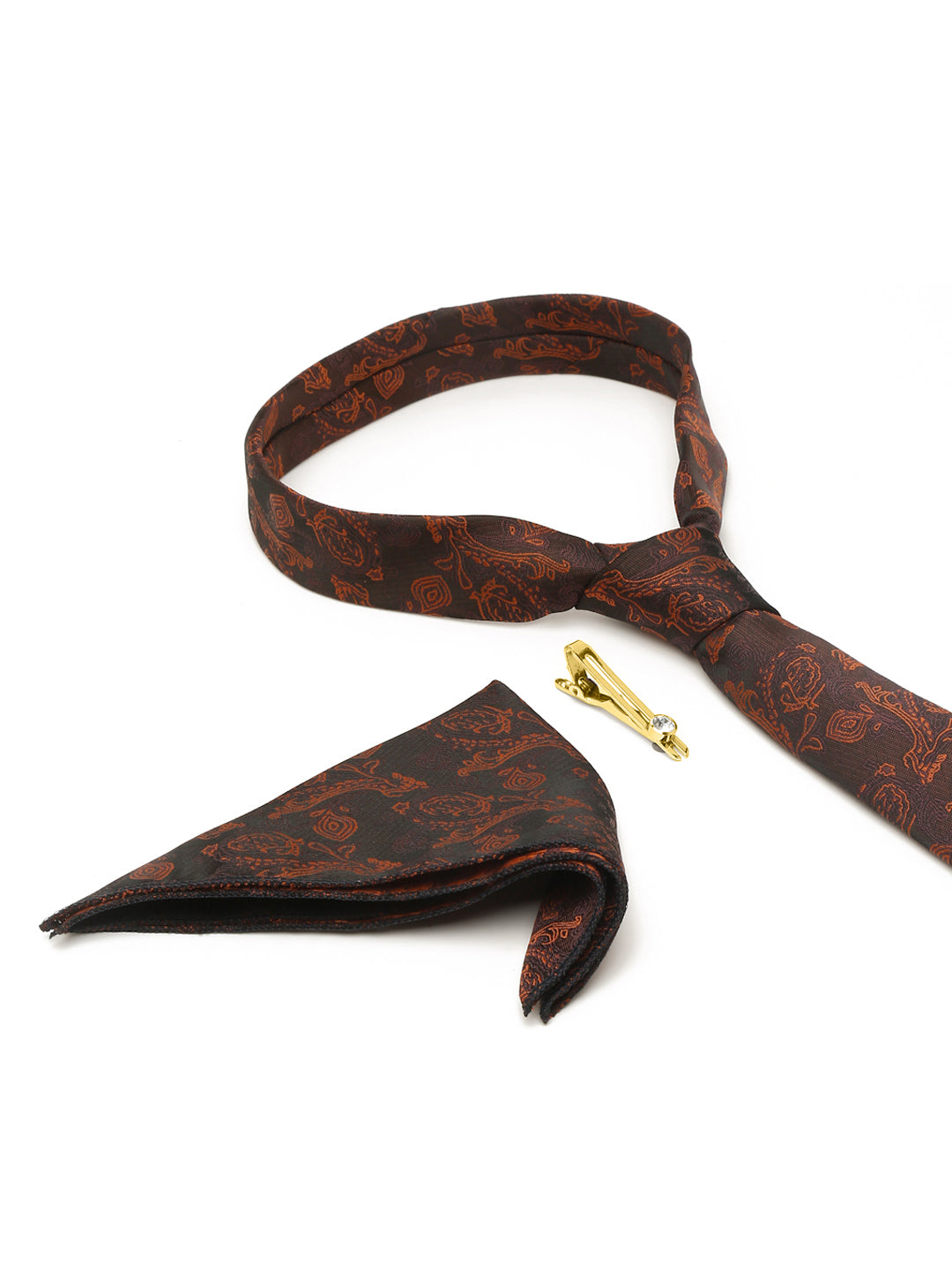 Coffee Brown Luxury Italian Silk Necktie Set With Pocket Square Gold Tie pin