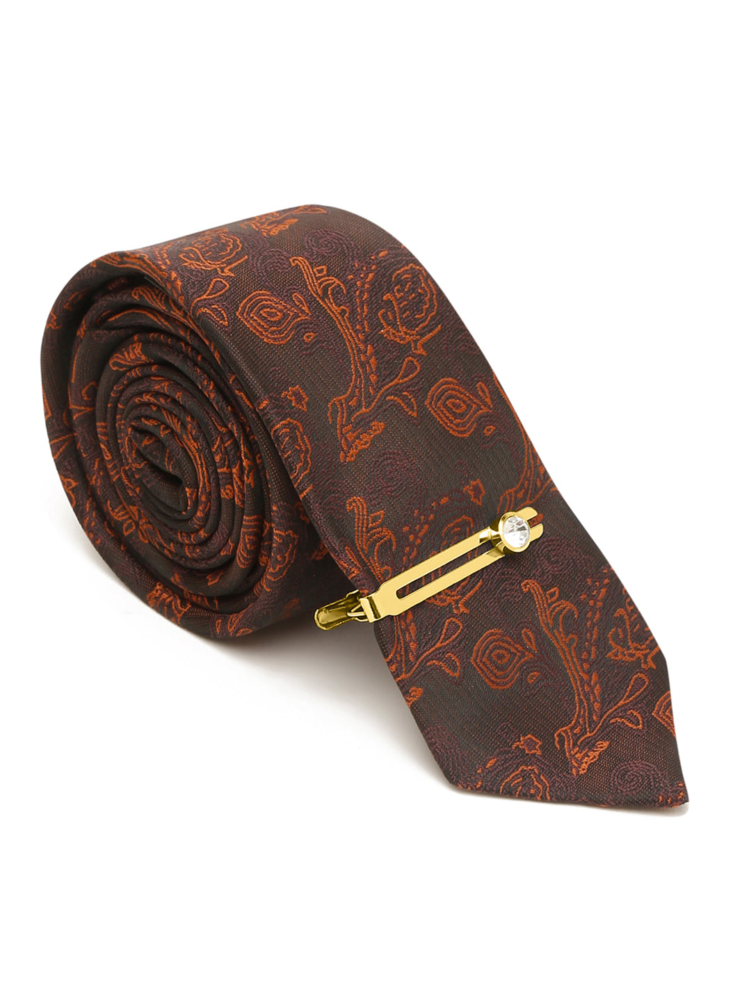 Coffee Brown Luxury Italian Silk Necktie Set With Pocket Square Gold Tie pin
