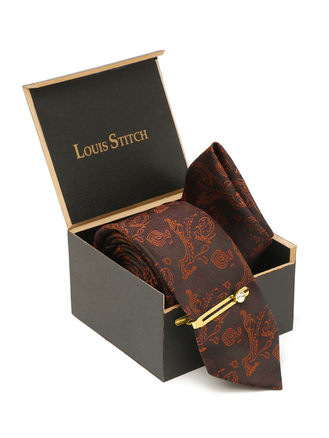 Coffee Brown Luxury Italian Silk Necktie Set With Pocket Square Gold Tie pin