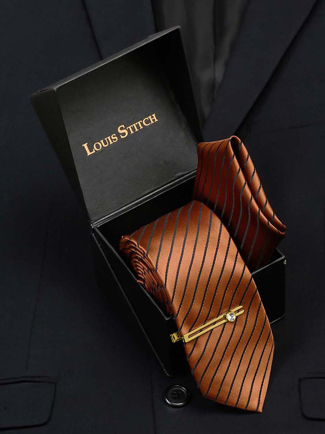 Copper Brown Italian Silk Necktie Set Pocket Square Golden Tiepin
