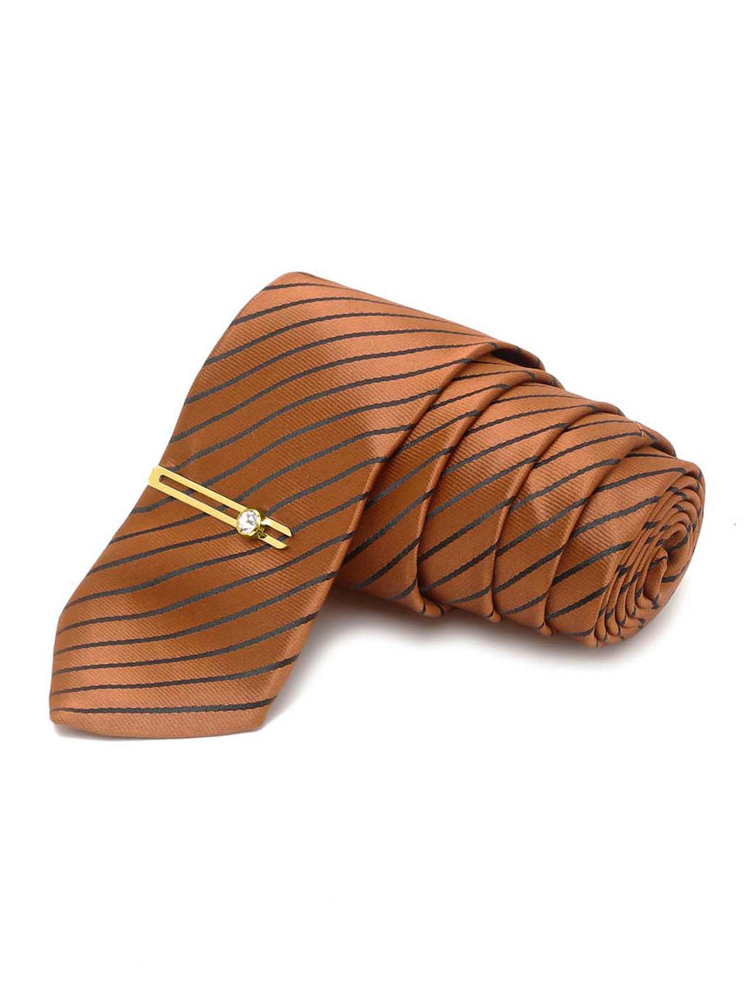 Copper Brown Italian Silk Necktie Set Pocket Square Golden Tiepin