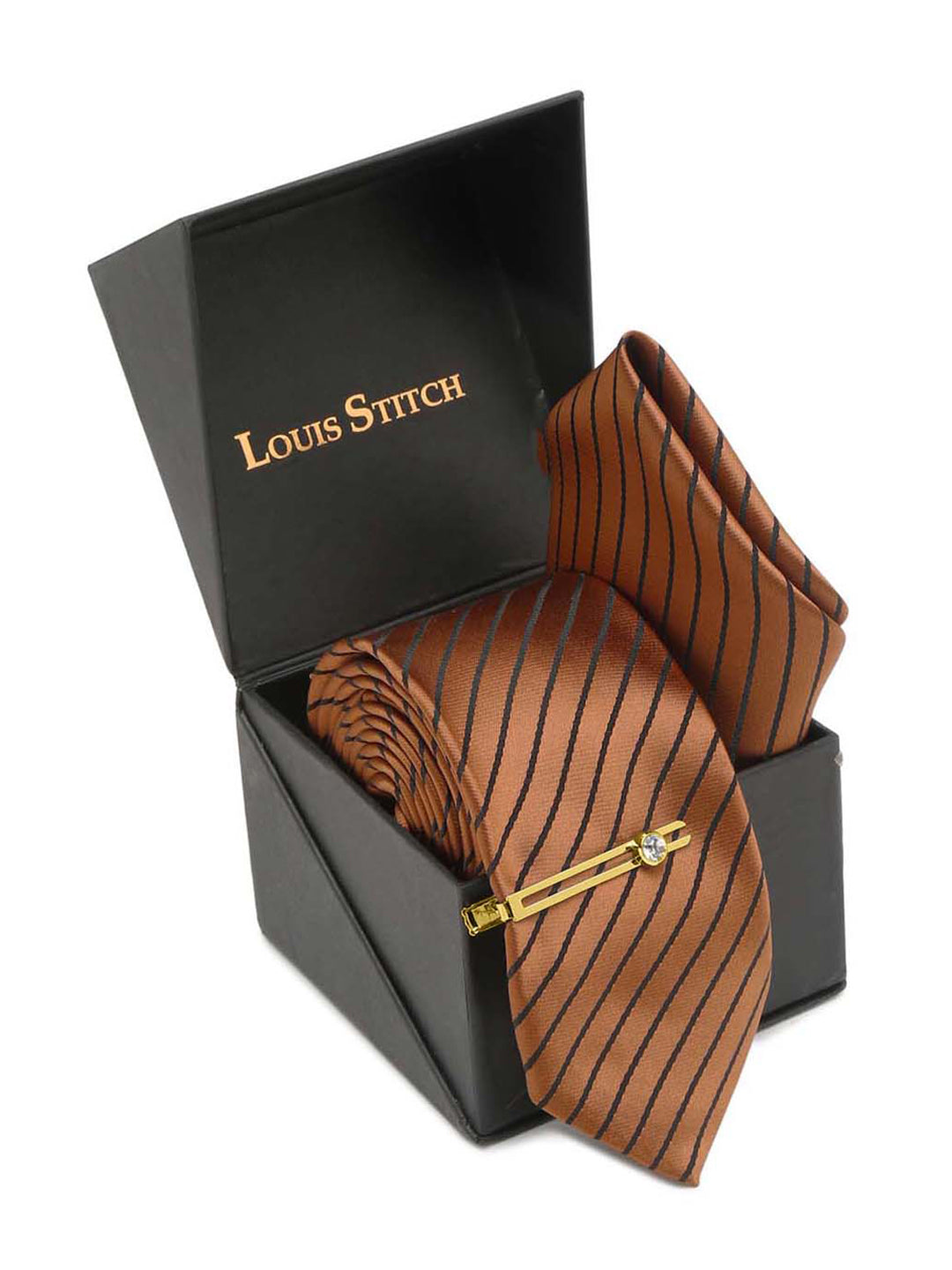 Copper Brown Italian Silk Necktie Set Pocket Square Golden Tiepin