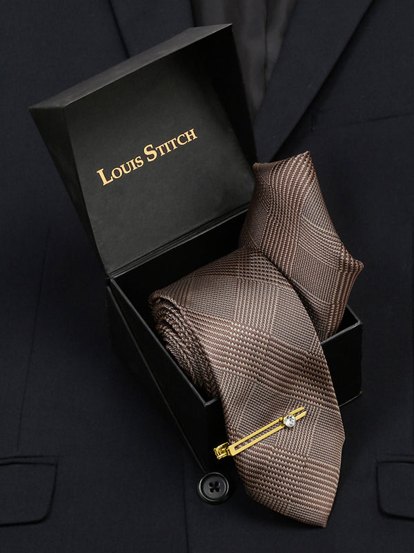  Maple Brown Italian Silk Necktie Set Pocket Square Golden Tiepin