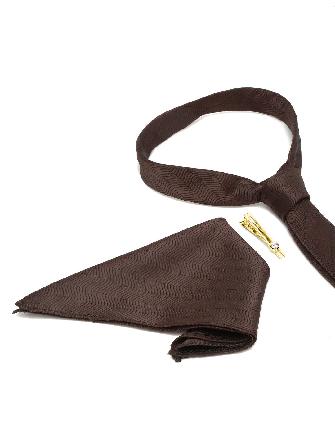 Van Dyke Brown Italian Silk Necktie Set Pocket Square Golden Tiepin