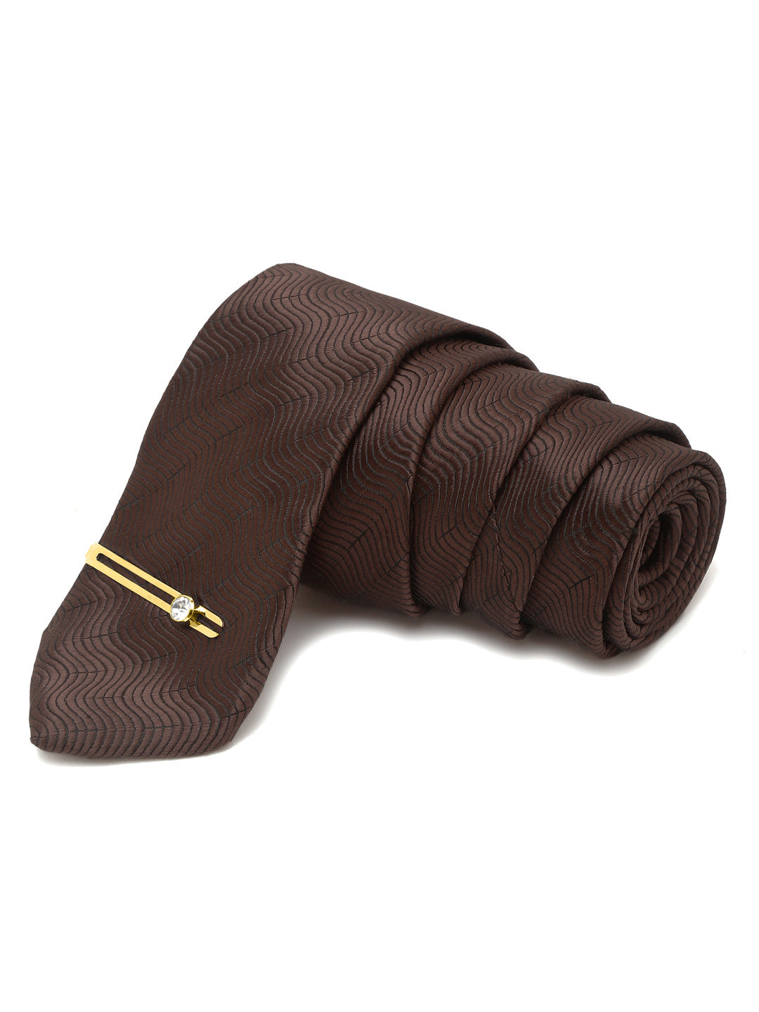 Van Dyke Brown Italian Silk Necktie Set Pocket Square Golden Tiepin